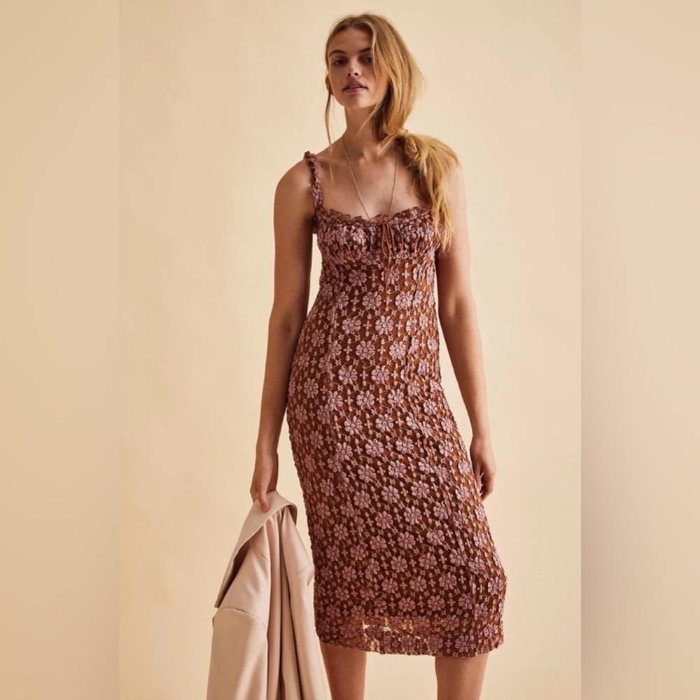 Free People NWT Lucinda Lace Midi Dress In Ginger Combo, Size S